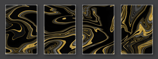 Beautiful luxury minimalist poster collection with golden smooth thin ink lines on black background. Template set with space for your text. Delicate pastel invitation to a holiday party, wedding, etc