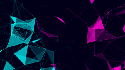 Network connection structure. Abstract blue background with moving dots, lines and triangles. Futuristic illustration. Digital technology design. 3d rendering