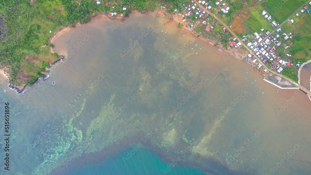 Sticker coastline with forest and palm trees, lagoon and coral reef with turquoise water, philippines