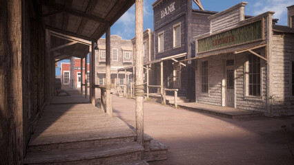 Naklejka na ściany i meble Dusty street in an old wild west town with boardwalk, gunsmith store and bank in late afternoon sunlight. Photo realistic 3D illustration.