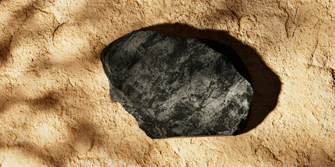 Black stone podium for beauty and fashion brand placement on sandstone texture background. Top...