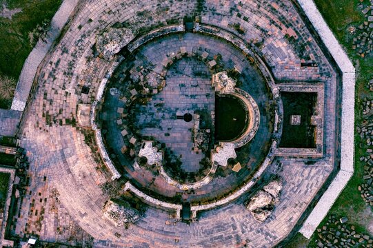Areal view of the Ruins of Ancient Zvartnoc Cathedral. Vagharshapat (Etchmiadzin), Armenia