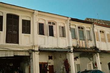 Old colonial vintage buildings in the famous historic town of Penang or Georgetown in Malaysia