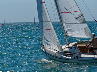 Class Meteor sailing boats unidentified participants compete i the gulf of la spezia