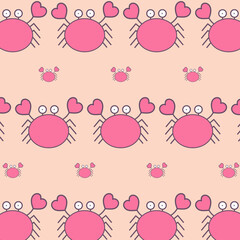 Seamless pattern of cute crab cartoon character. Hand drawn flat vector illustration isolated on orange background. Halloween theme for textile print, wallpaper, wrapping paper.