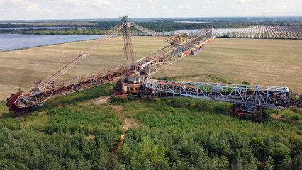 Views of decayed lignite bucket wheel excavator seen from drone