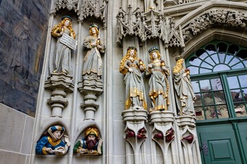 Saint statues on the front door of the cathedral of Bern, Switzerland