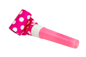 Pink noisemaker party whistle horn on the white isolated background - obrazy, fototapety, plakaty