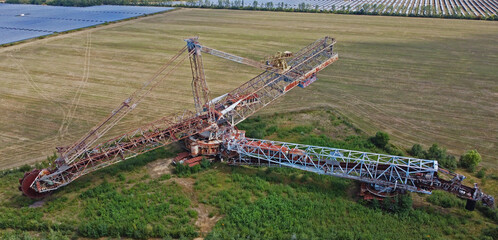 Views of decayed lignite bucket wheel excavator seen from drone