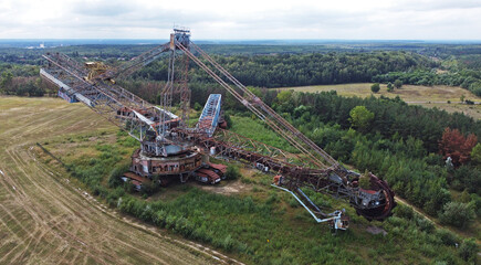 Views of decayed lignite bucket wheel excavator seen from drone