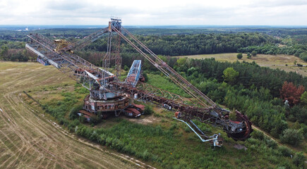 Views of decayed lignite bucket wheel excavator seen from drone