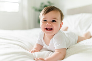 Adorable baby boy in white sunny bedroom in the morning at home