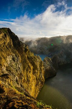 Aerial view of the walls of the crater lakes of the Kelimutu volcano, Flores, Indonesia