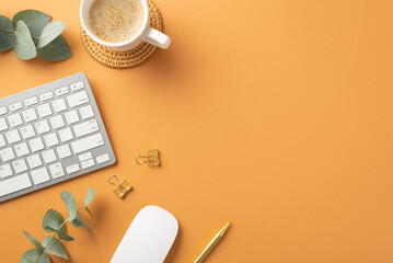 Business concept. Top view photo of workstation white keyboard computer mouse gold pen binder clips...