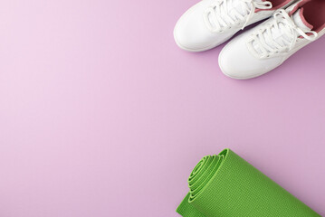 Fitness accessories concept. Top view photo of green exercise mat and white sports shoes on isolated pastel lilac background with copyspace
