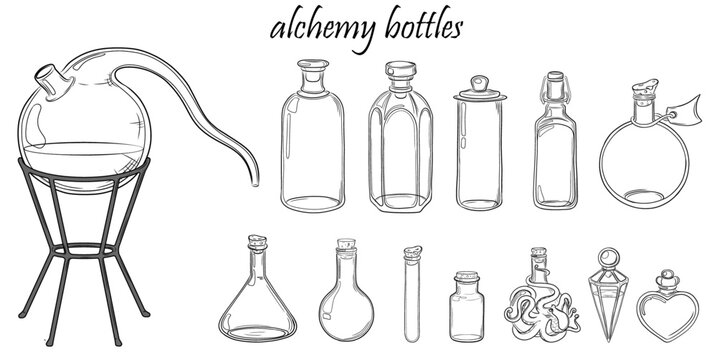 Hand drawn set of alchemy bottlesisolated on white background. Magic alchemy  vector illustration with test tube, potion bottle,  glass flasks and jars. Chemystry, sience, esoteric, occult.