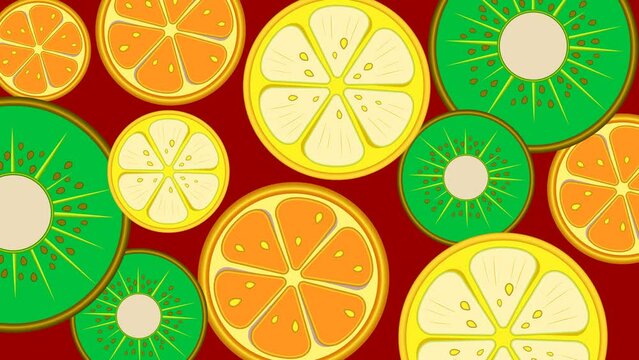 Animation, tropical fruits. Image of slices of orange, kiwi,
 lemon in motion. Background.