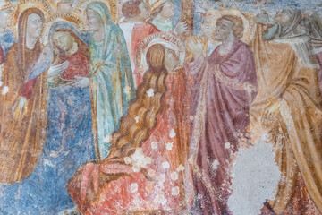 Old religious frescoes in the Cloister of Paradise, Amalfi Cathedral, Campania, Italy