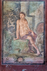 Old frescoes in Pompeii, the ancient Roman city destroyed in AD 79 by the eruption of Mount Vesuvius. UNESCO World Heritage Site. Naples, Italy