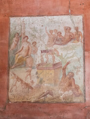 Old frescoes in Pompeii, the ancient Roman city destroyed in AD 79 by the eruption of Mount Vesuvius. UNESCO World Heritage Site. Naples, Italy