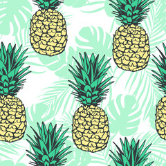 Seamless pattern with pineapples and trapical leaves. Vector illustration. Great for textiles and packaging.