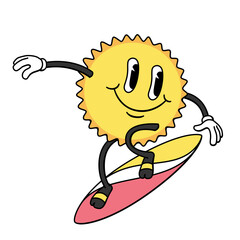 Cartoon character sun on surfboard. Vector illustration in doodle retro style. Design for t-shirts, stickers, cards, posters.
