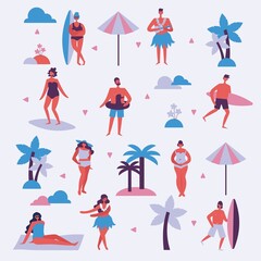 Summer background with people on the beach in the flat style