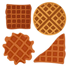 Belgian waffles in a flat style isolated on a white background. Delicious breakfast with Viennese waffles, homemade cakes, restaurant food. Perfect for stickers, menus, children's books