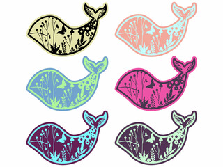 Colorful Whales mandala vector illustration. Butterflies and flowers. 