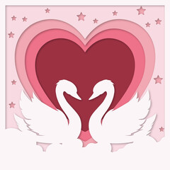 Swans with stars and hearts. Valentine's Day. paper cut. Layered paper cut background. Paper cut out style Shadow box