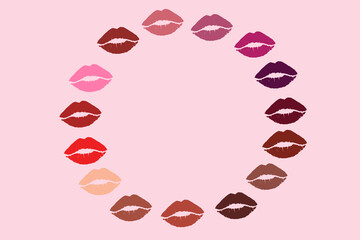 lip, female mouth. Lips with lipstick. Woman's lips close up isolated on pink background.
