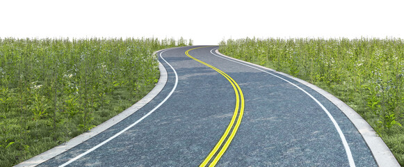 The road through the meadows with a white background.