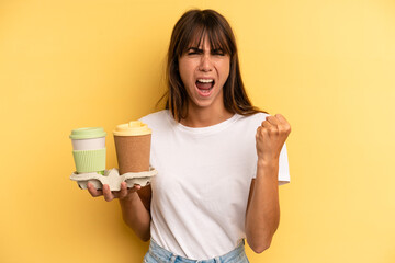 shouting aggressively with an angry expression. take away coffees