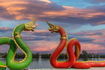 serpent , Two serpents statue at Thai temple - obrazy, fototapety, plakaty