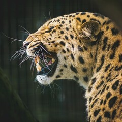 Closeup of the side profile of a leopard snarling