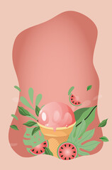 poster with ice cream in a waffle cone. ice cream with watermelons and green leaves on a pink background