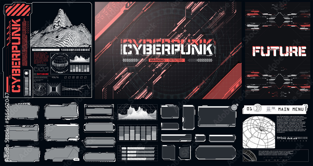 Poster A large set of different elements for augmented reality or video games. Sci-Fi digital HUD-style interface elements.   Futuristic frame screen, button, loading, text isolated on black background