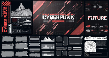 A large set of different elements for augmented reality or video games. Sci-Fi digital HUD-style interface elements.   Futuristic frame screen, button, loading, text isolated on black background © ZinetroN