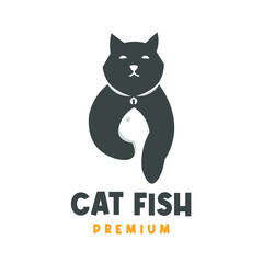Negative space cat and fish combined illustration logo