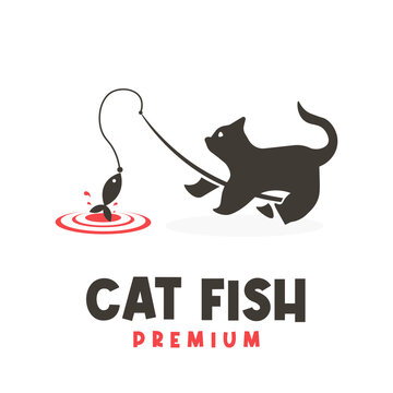 Logo illustration of a cute cat fishing