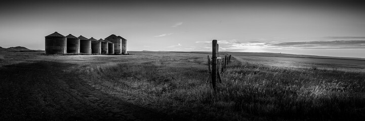 Grayscale panoramic view of a rural area with a range of granaries, Montana, USA - obrazy, fototapety, plakaty
