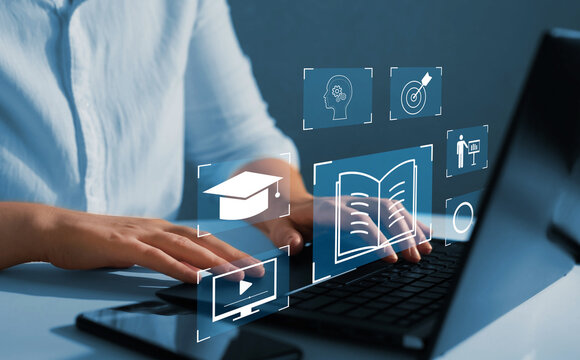 E-learning education, internet lessons and online webinar. Education internet Technology. Person who attends online lessons on a digital screen.