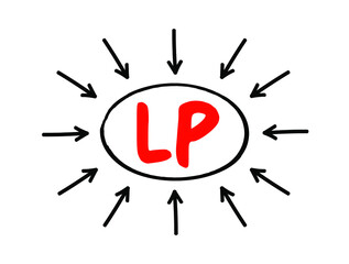LP Limited Partnership - exists when two or more partners go into business together, acronym business concept with arrows