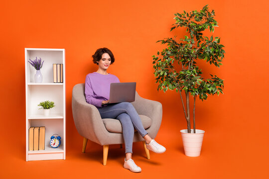 Full length photo of cute pretty lady wear violet sweatshirt sitting chair working device isolated orange color background