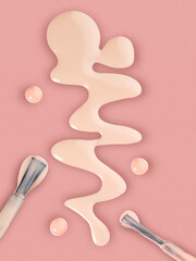 Perfect neutral beige nail polish spilled on pink background and two applicator brush. Abstract shaped makeup swatch in neutral colours. Design element for nail shop or beauty salon.