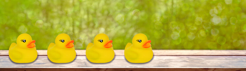 rubber yellow duck for swimming, children's toy on a wooden board, the concept of bathing in a...