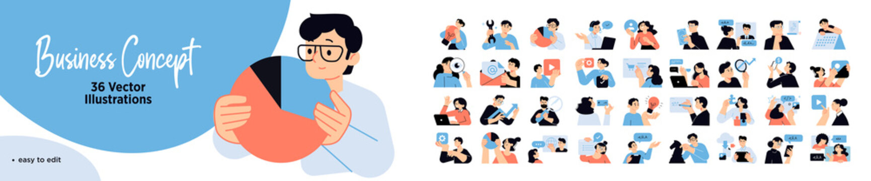 Set of business people illustrations. Flat design vector concepts of business management, online communication, e-commerce, project management, finance and marketing.