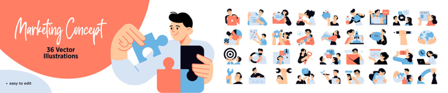 Set of marketing people illustrations. Flat design vector concepts of business marketing, strategy, planning, digital advertising, social media and communication.