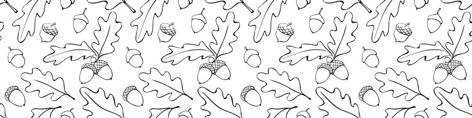 Seamless pattern with oak leaves, acorns. Vector autumn texture isolated, hand drawn in doodle style, black outline. Concept of forest, leaf fall, nature, thanksgiving