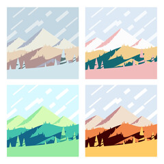 Naklejka premium Colorful Seasons At The Mountains, Square Posters Vector Illustration Set. Winter, Spring, Summer And Fall Outdoor Collection, Hills And Mountain Peaks at Different Times Of The Year. 